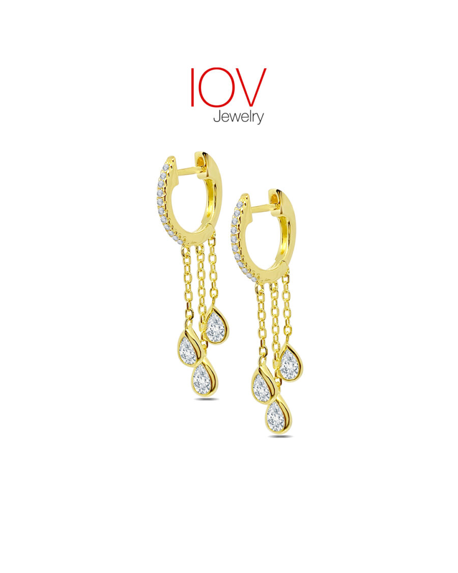 hoops earrings with dangling chains.