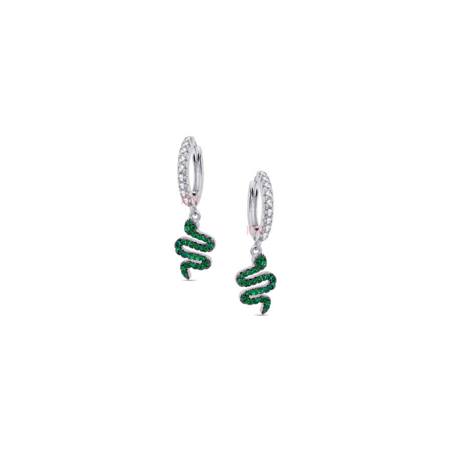 dangling green snake hoops.