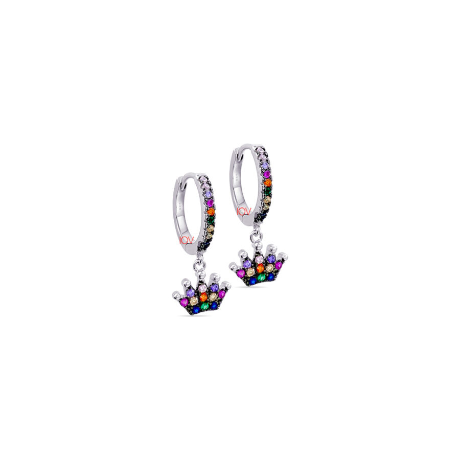 multi-colored dangling crown hoops.