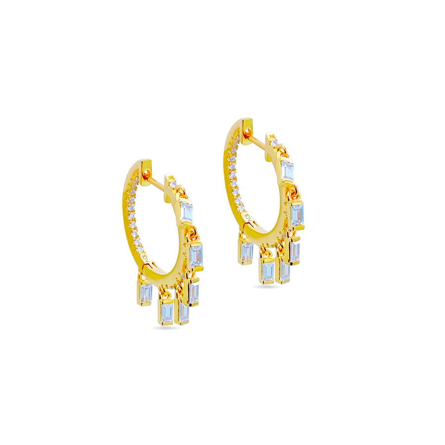 sterling silver hoops with dangling baguette parts plated with gold.