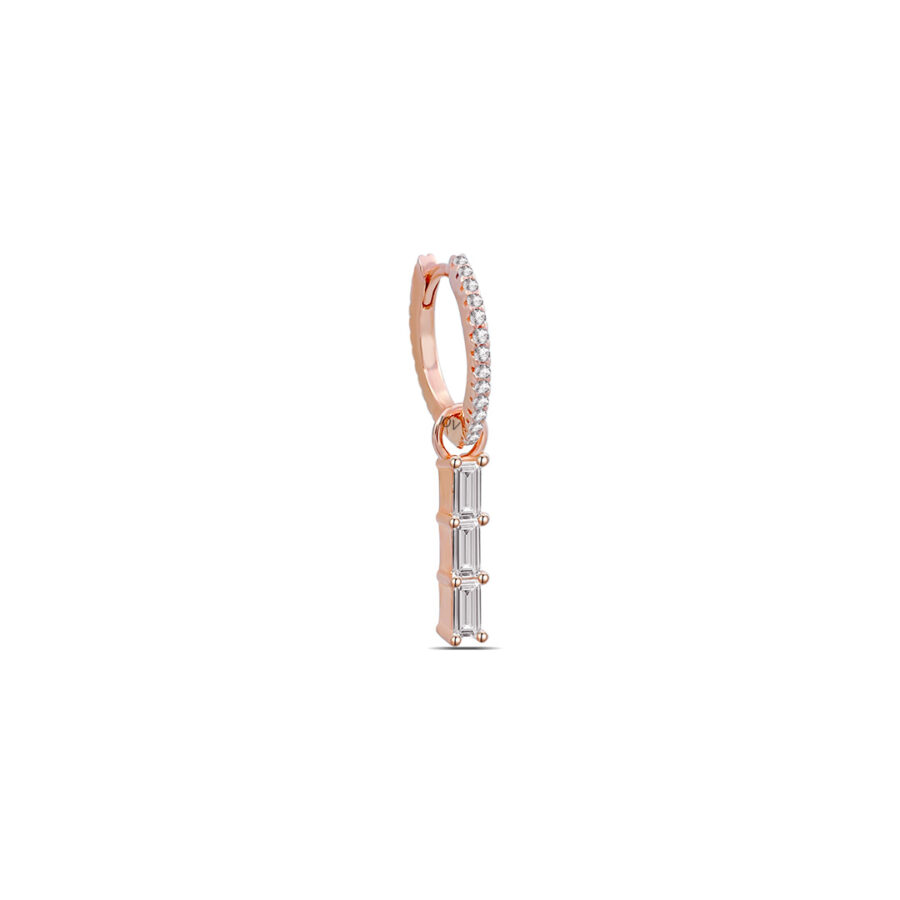 rosegold hoops with dangling baguette stones line.