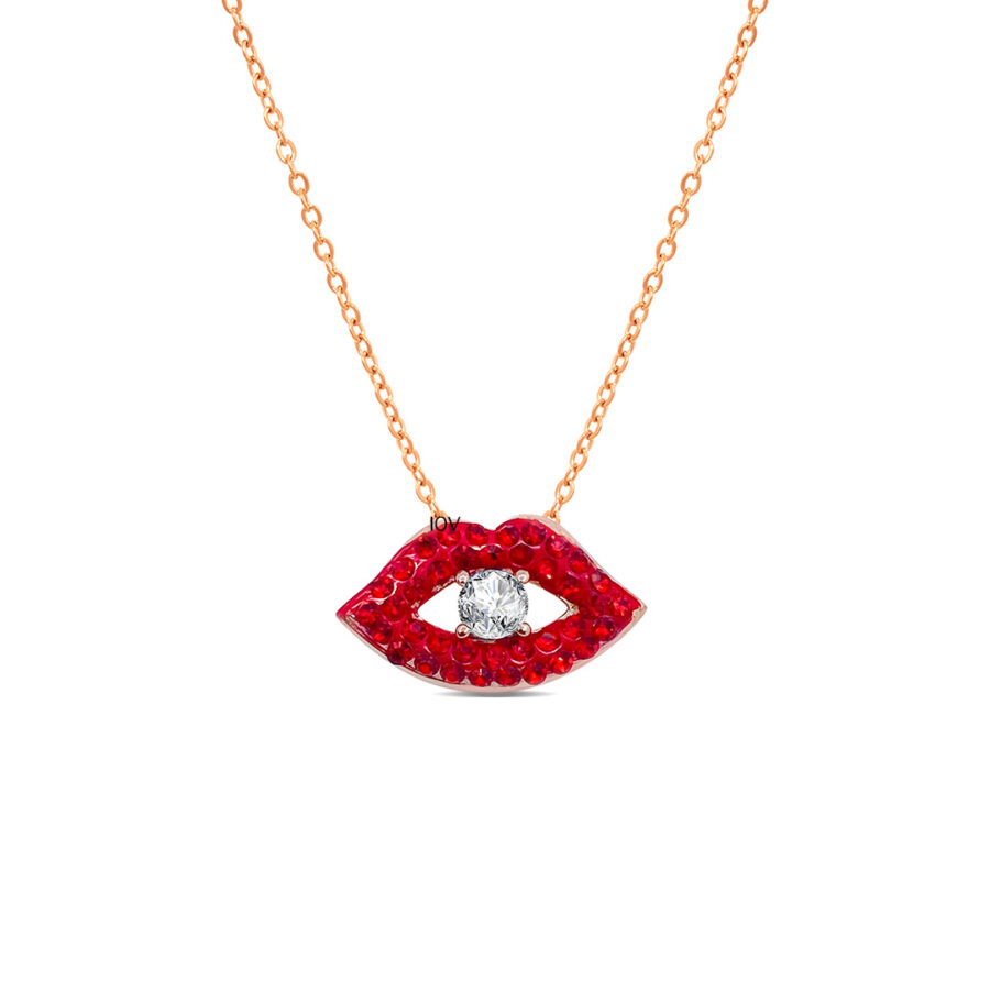 Red lips rosegold necklace.
