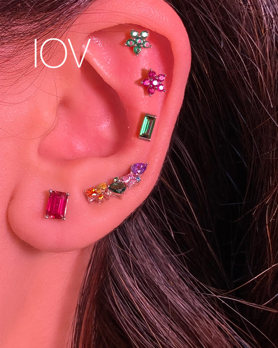 ruby color small flower shape stud earring. - Image 2