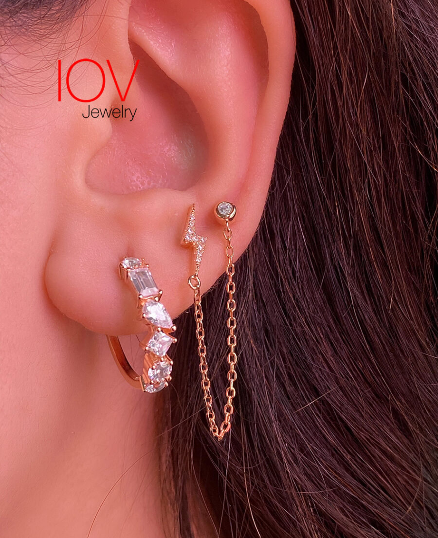bolt shape and single stone double stud chain earring. - Image 3