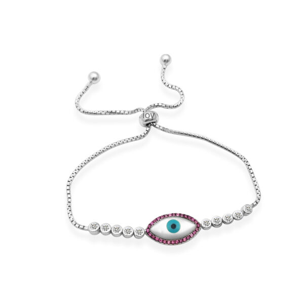 Fuchsia and mother of pearl adjustable evil eye bracelet.