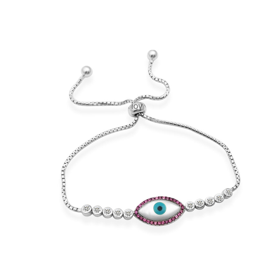 Fuchsia and mother of pearl adjustable evil eye bracelet.