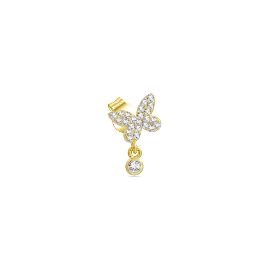 butterfly stud earring with dangling bezel setting stone.
