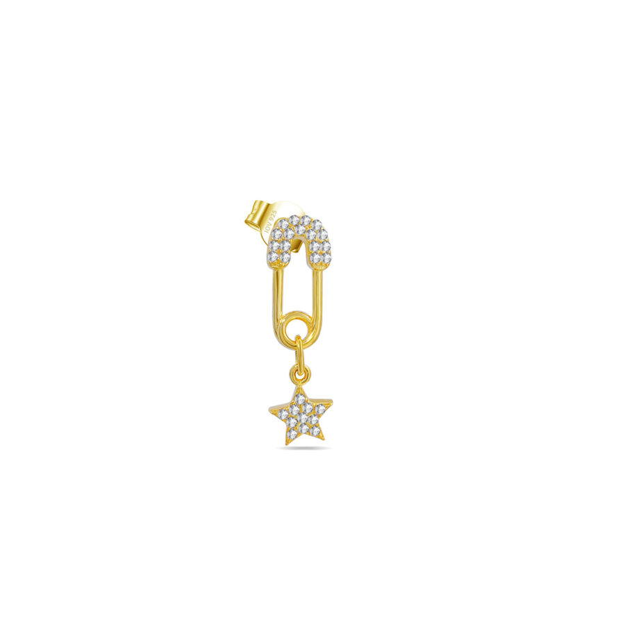 Pin shape stud earring with dangling star shape.