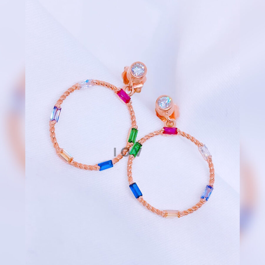 rosegold circle shape dangling multicolor stones earrings.