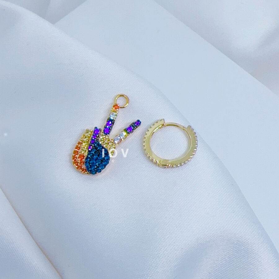 multicolored victory hand sign hoop earring.