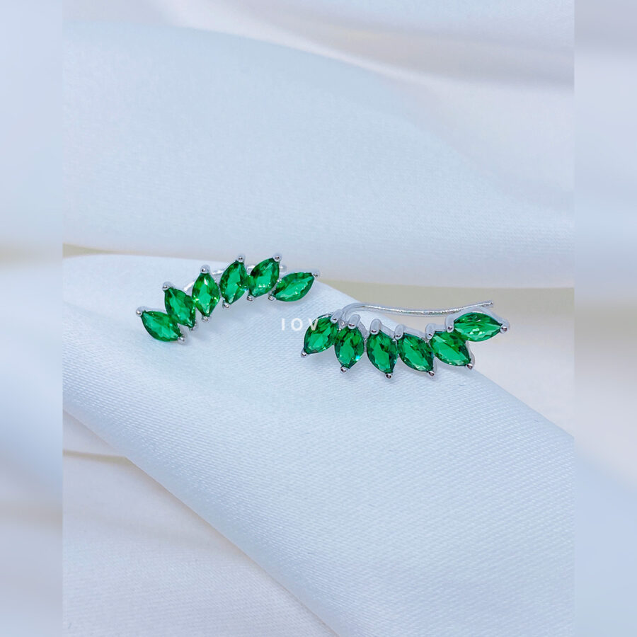 emerald color marquise stones curved climber earrings.