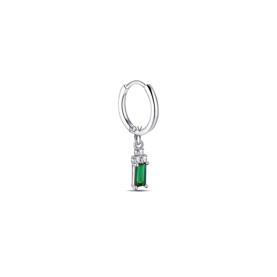 plain silver hoop with dangling emerald cut green stone.