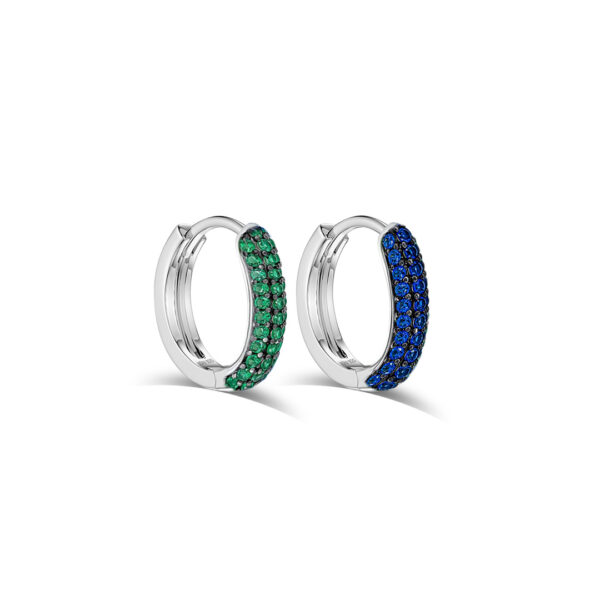 huggie emerald and sapphire three rows of stones earring.