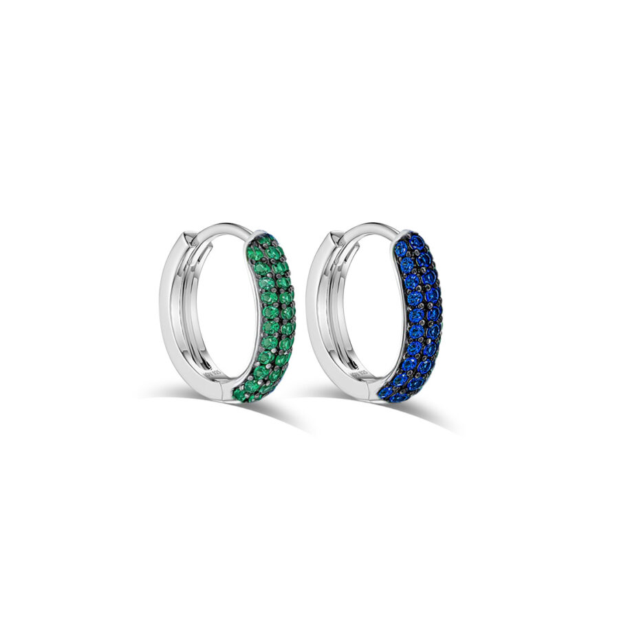huggie emerald and sapphire three rows of stones earring.