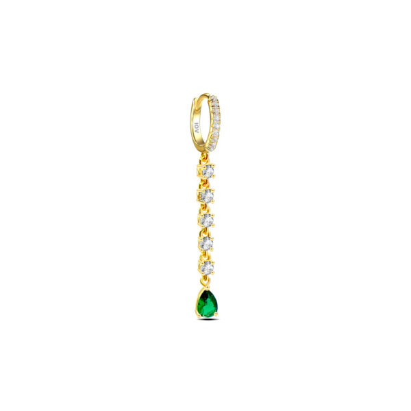 hoop with dangling stones line ended with pear shape emerald color.