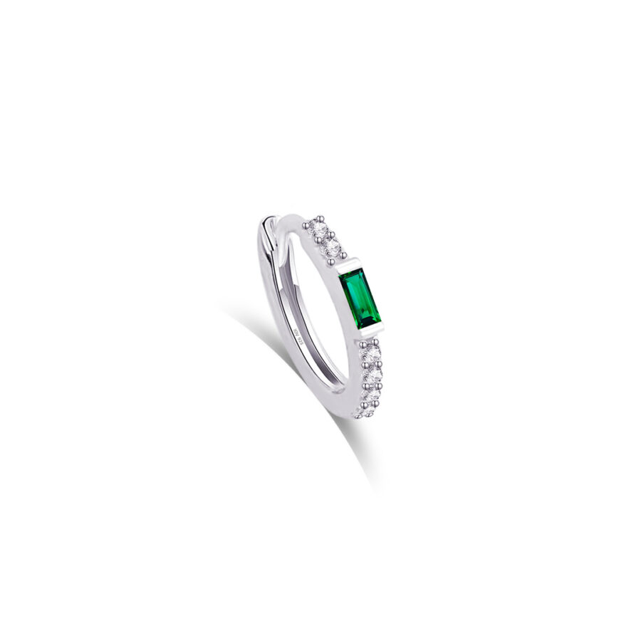 9 mm inside diameter hoop with baguette emerald green color stone.