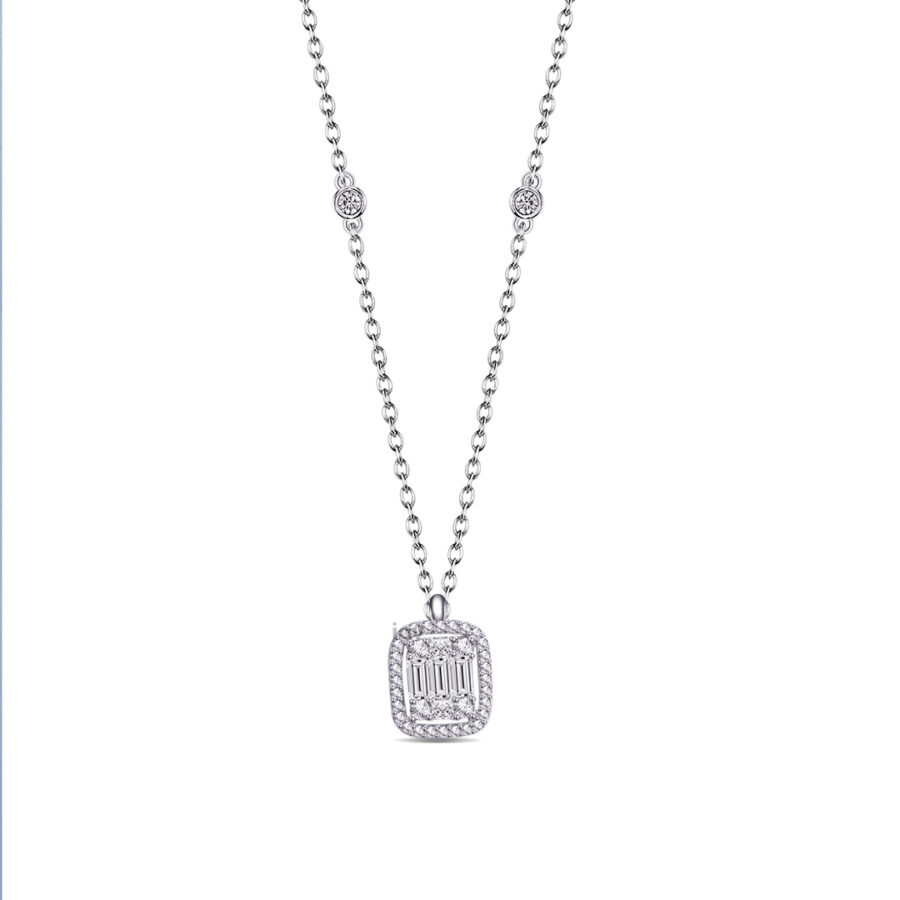 rectangular shape baguette and round stones necklace.