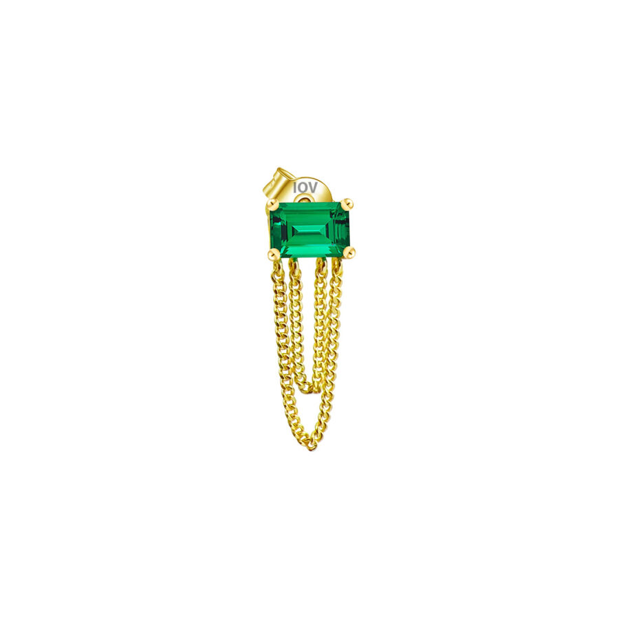emerald color stud earring with double dangling chain.