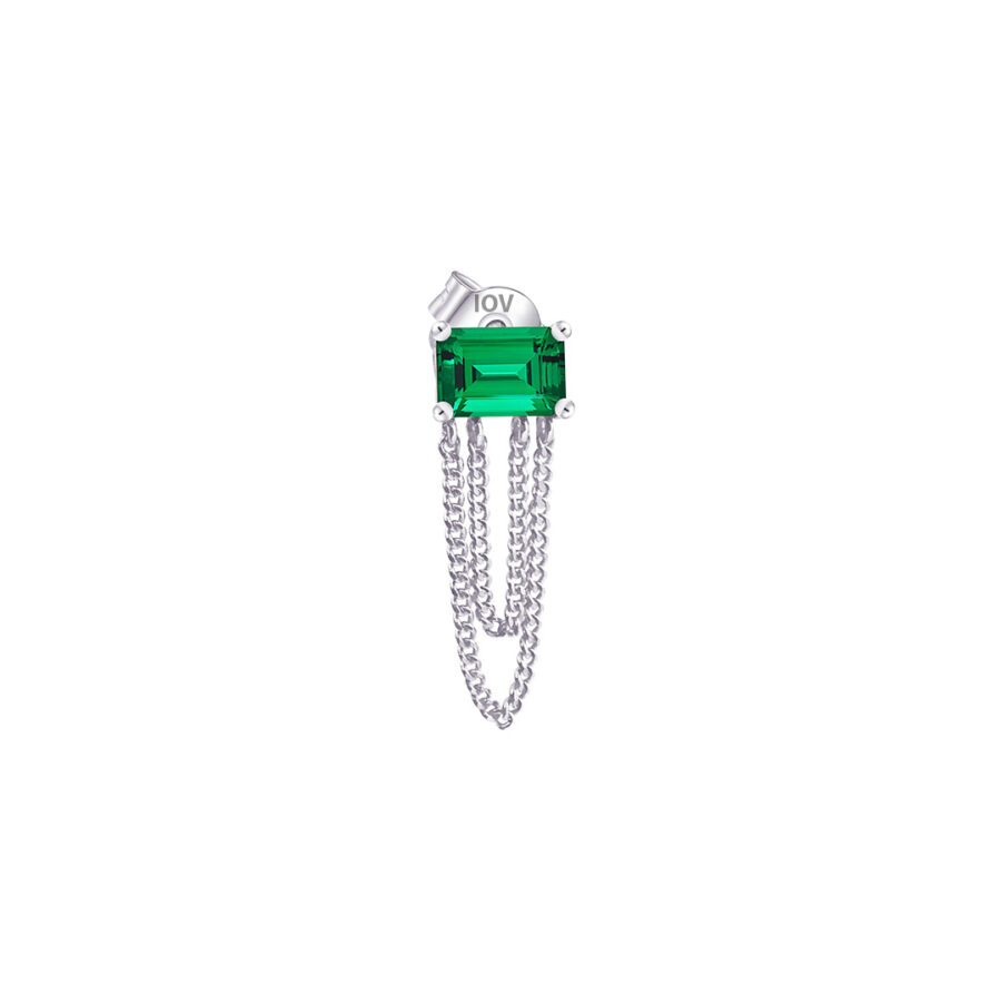 emerald color stud earring with double dangling chain. - Image 3