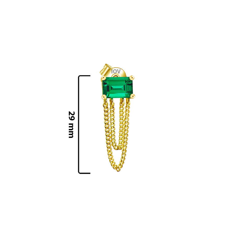 emerald color stud earring with double dangling chain. - Image 2