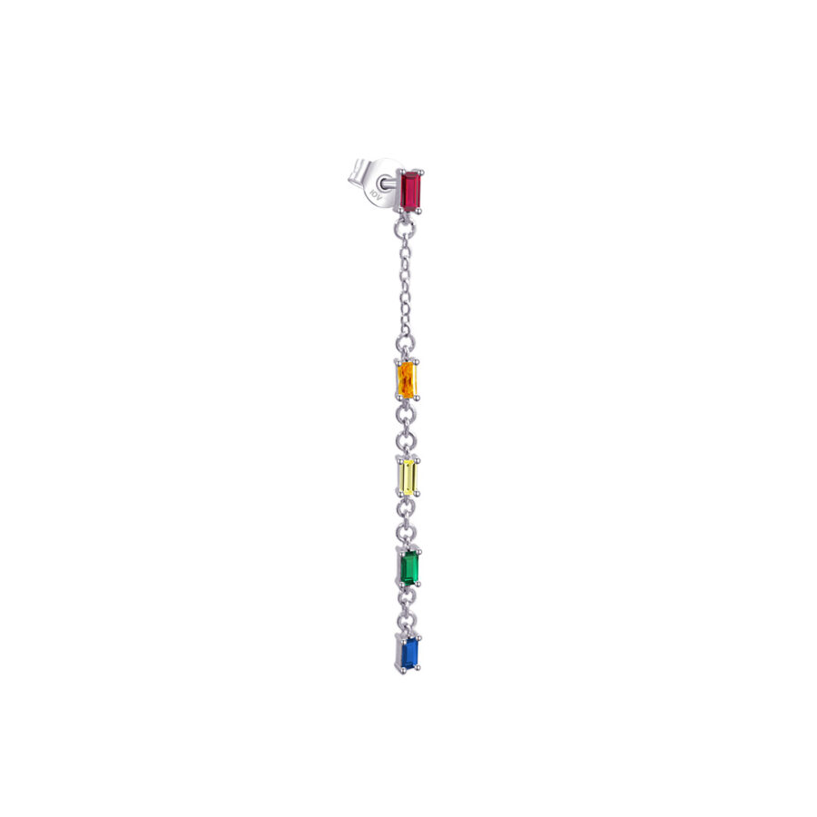 long chain earring with colored baguette stones.