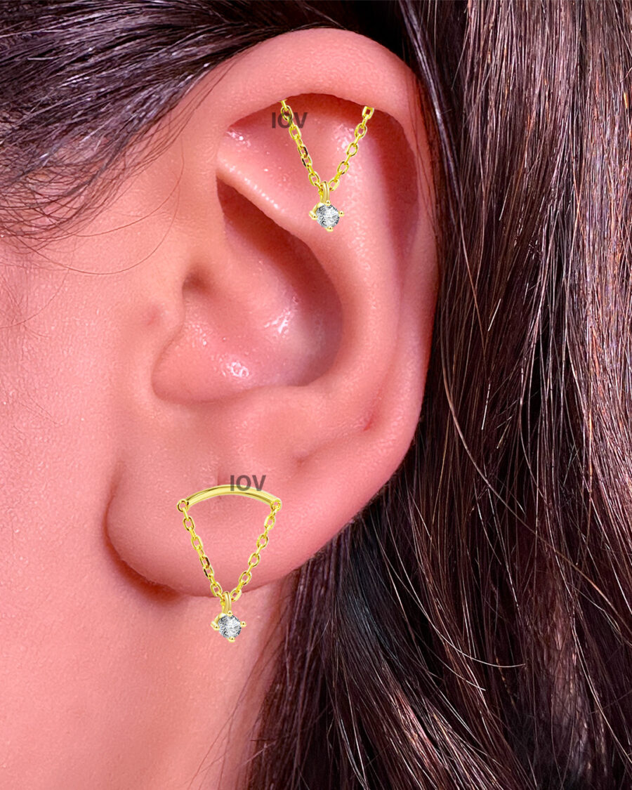 plain curve bar with dangling round stone stud earring. - Image 2