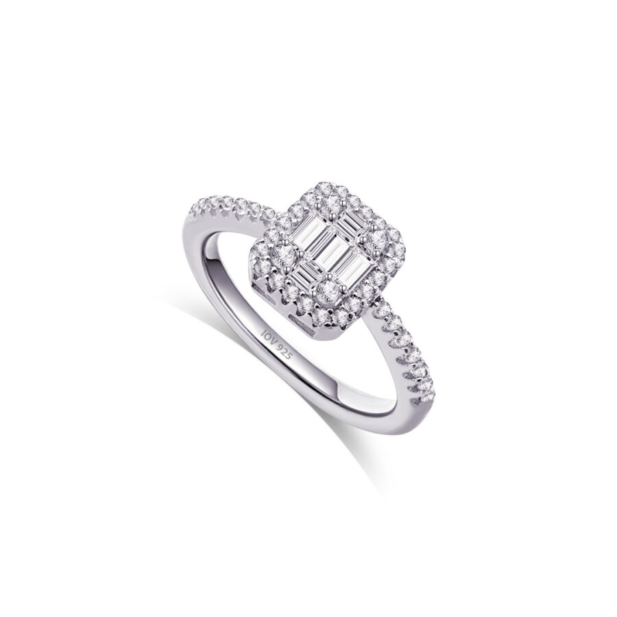 rectangular baguette and round stones ring.