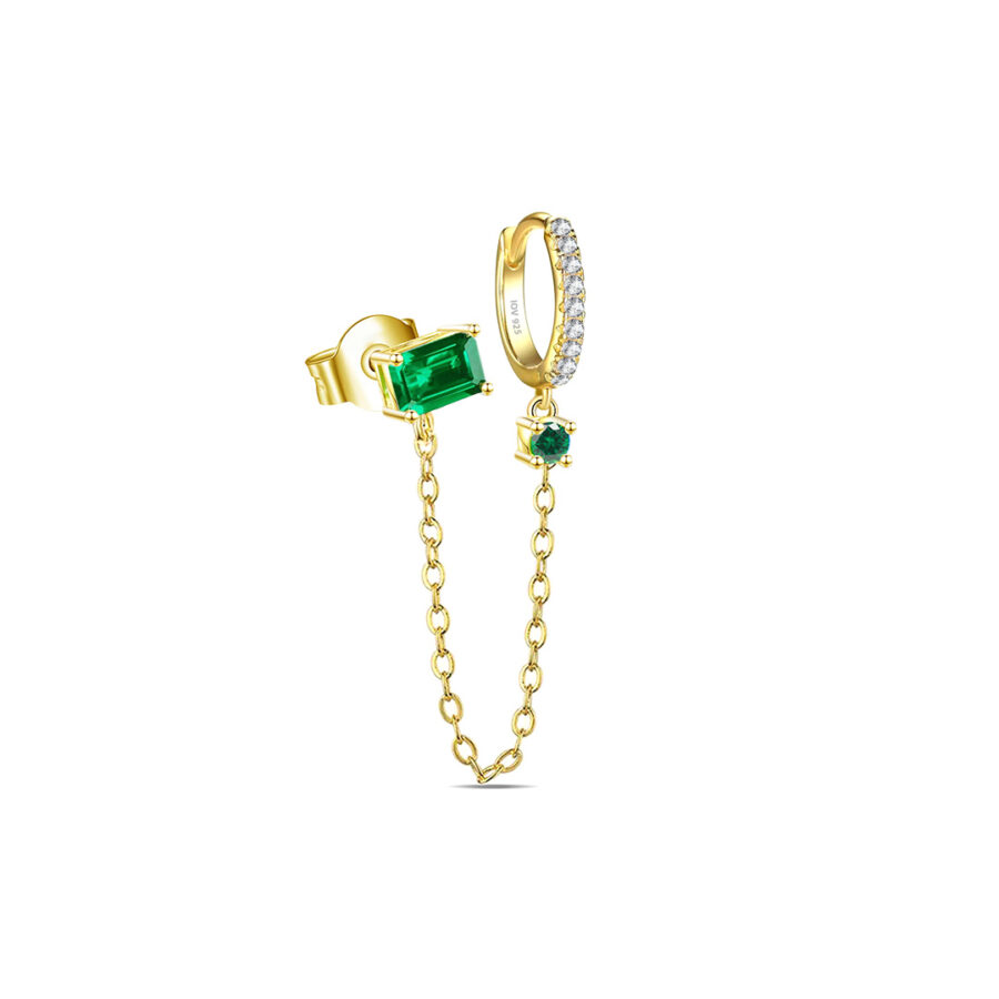 chain linked hoop and rectangular emerald color stone stud earring. - Image 2