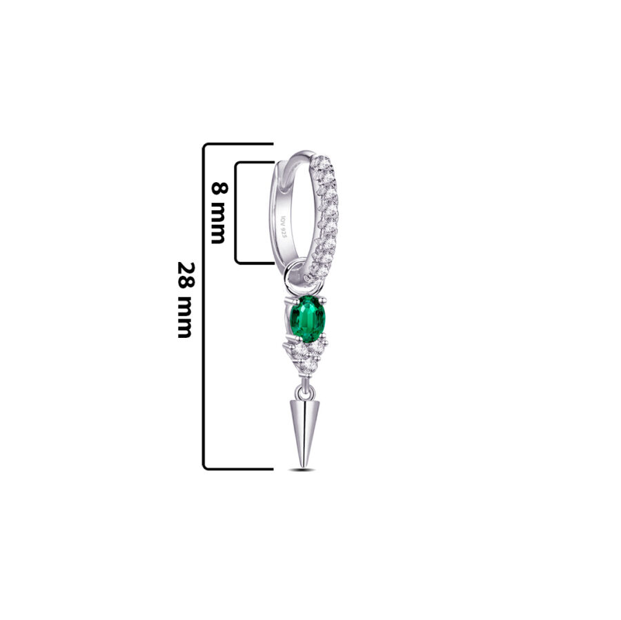 hoop earring with dangling oval emerald color stone ends with plain cone shape - Image 2