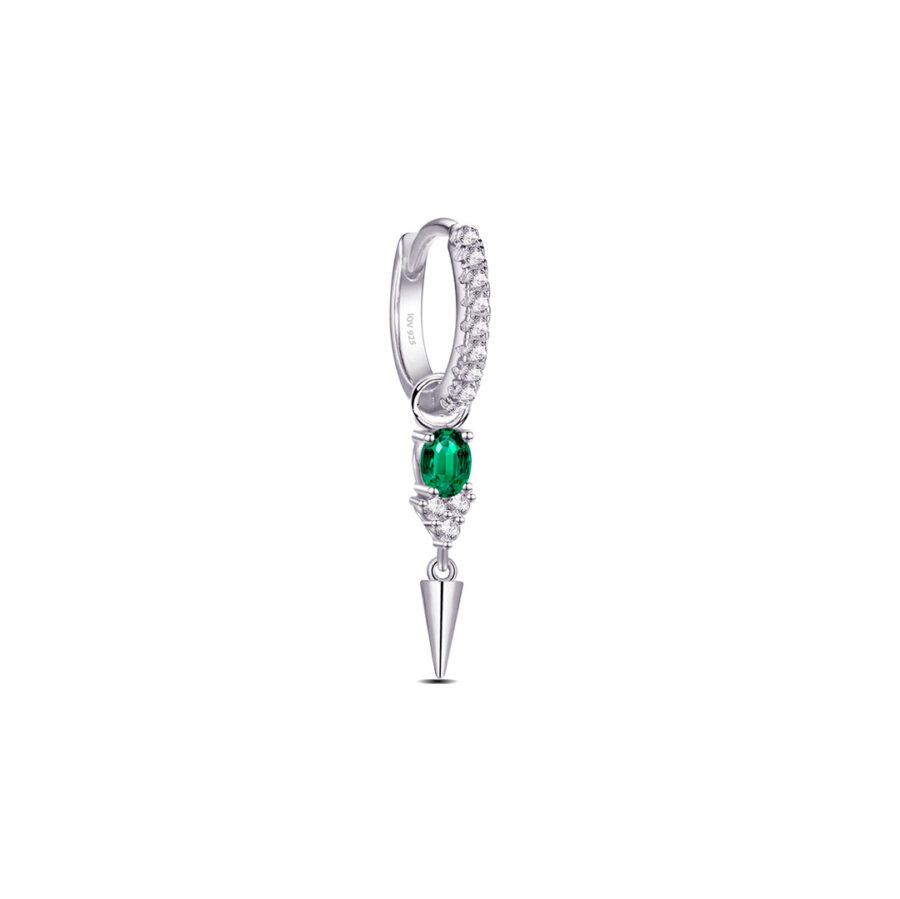 hoop earring with dangling oval emerald color stone ends with plain cone shape