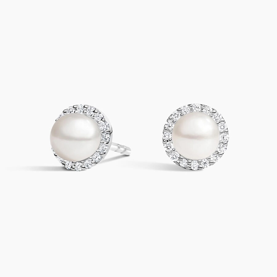 pearl stud earring with halo setting.