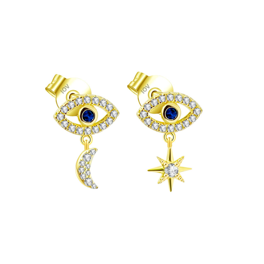 Evil eye shape with dangling crescent and star shape.