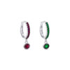geen and pink hoop earring with dangling round stone in bezel setting.