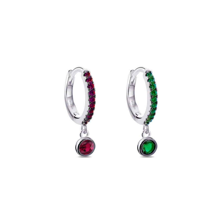 geen and pink hoop earring with dangling round stone in bezel setting.