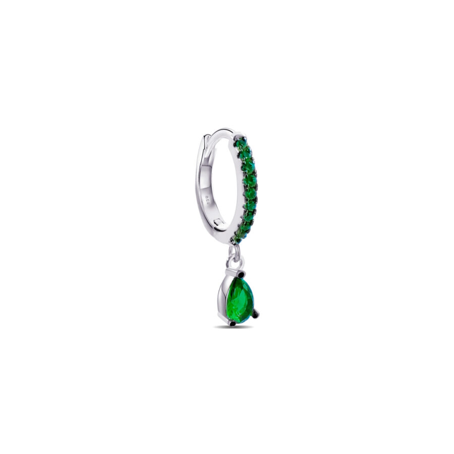 green CZ hoop earring with dangling green pear shape stone.