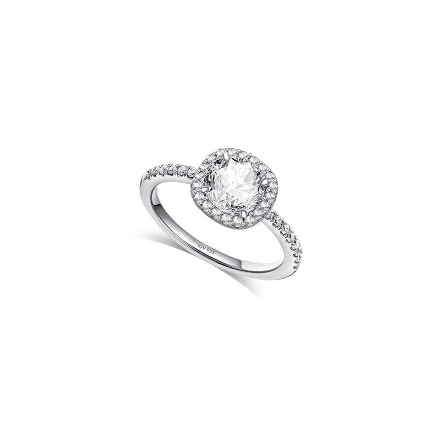 solitaire round stone ring with square halo setting.