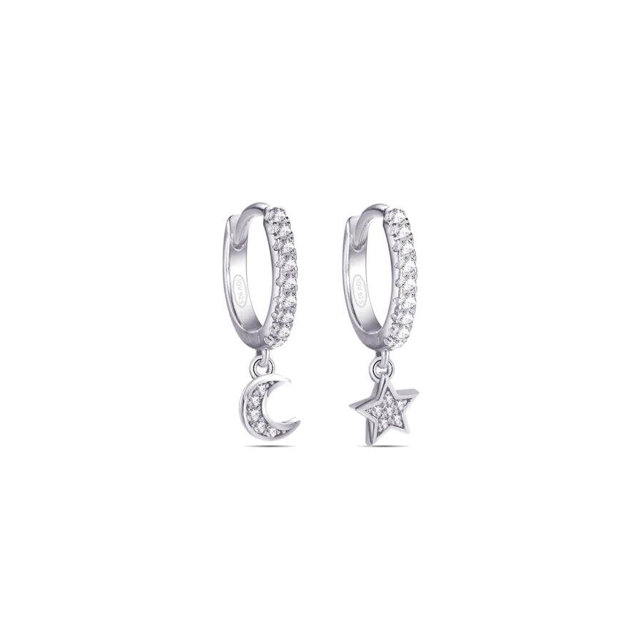 CZ hoops earrings with dangling star and crescent shapes. - Image 2