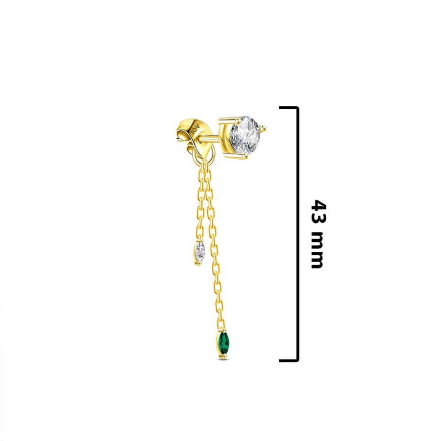 single stone stud earring with back dangling chains. - Image 2