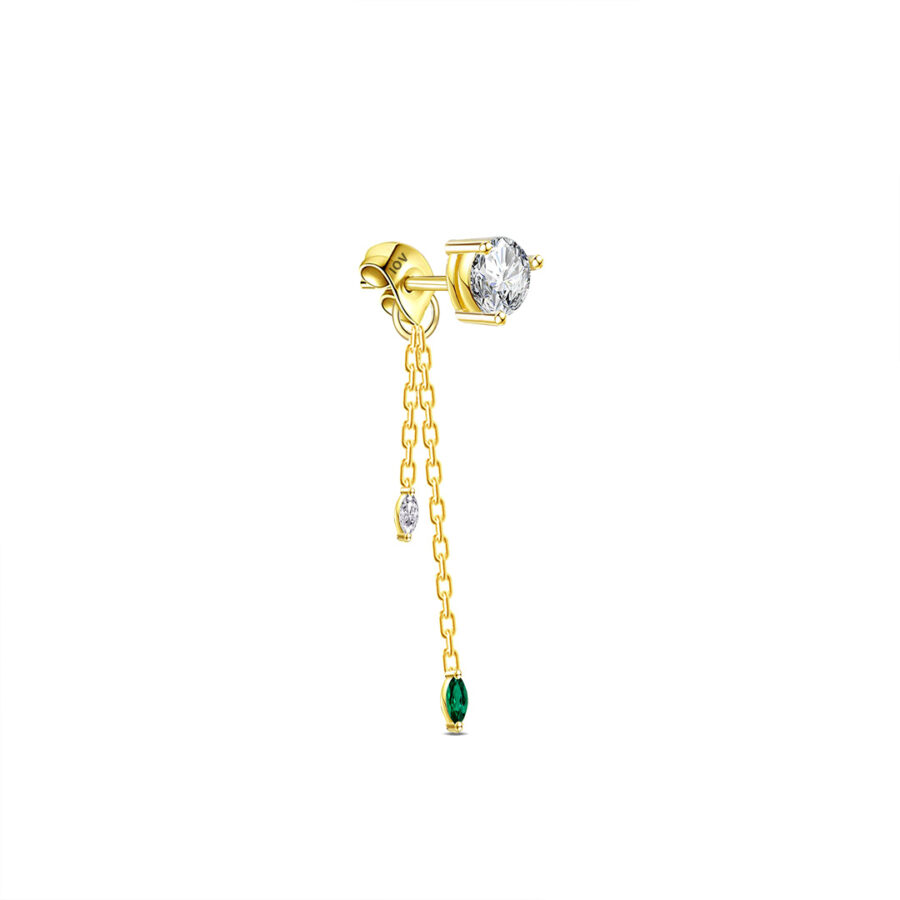 single stone stud earring with back dangling chains.