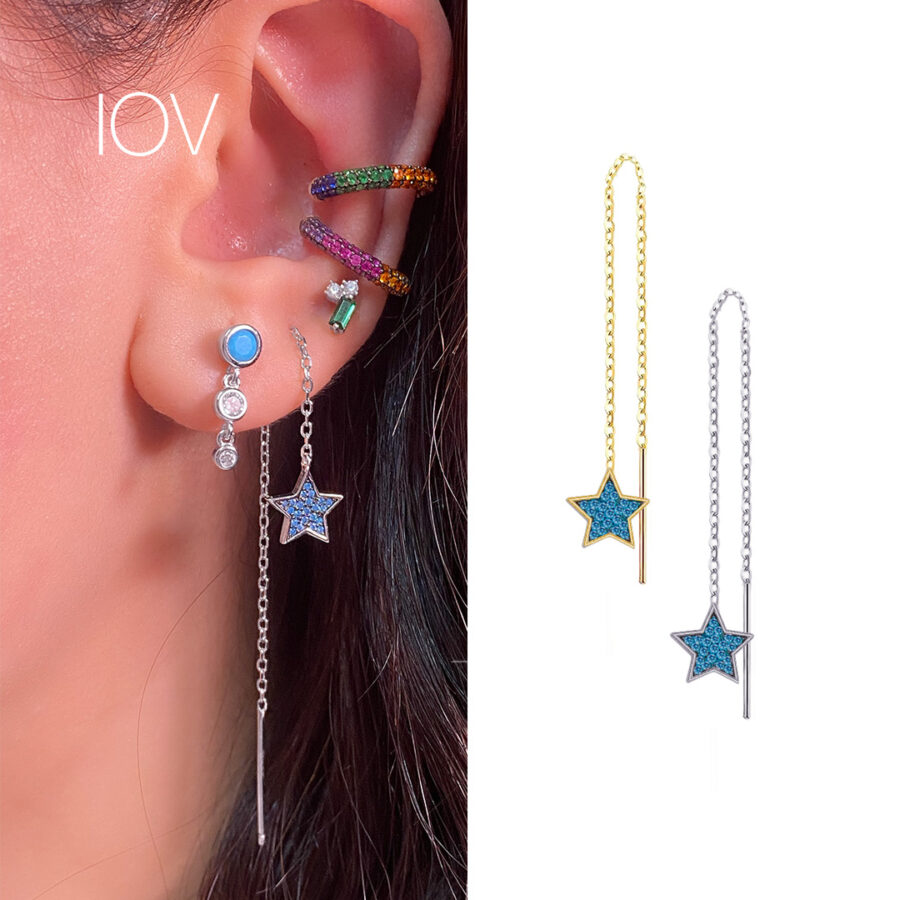 thread star earring with aquamarine color stones.