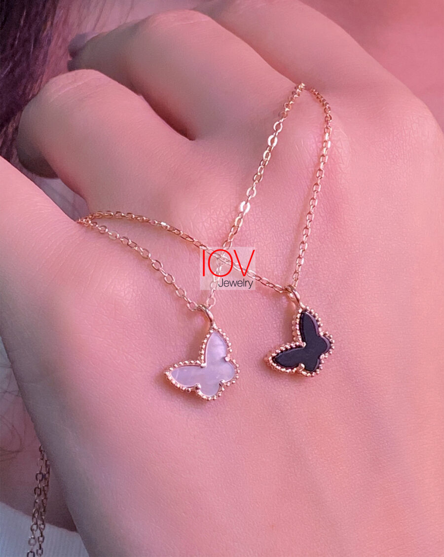 mother of pearl and agate butterfly rosegold necklace.