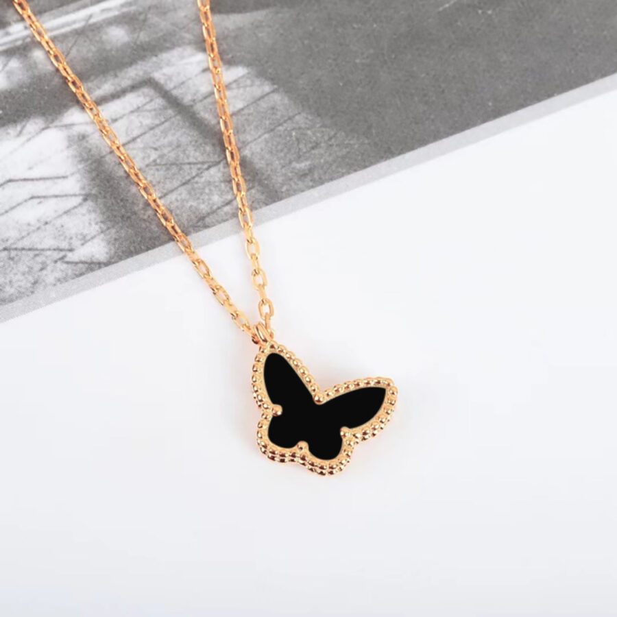 mother of pearl and agate butterfly rosegold necklace. - Image 3