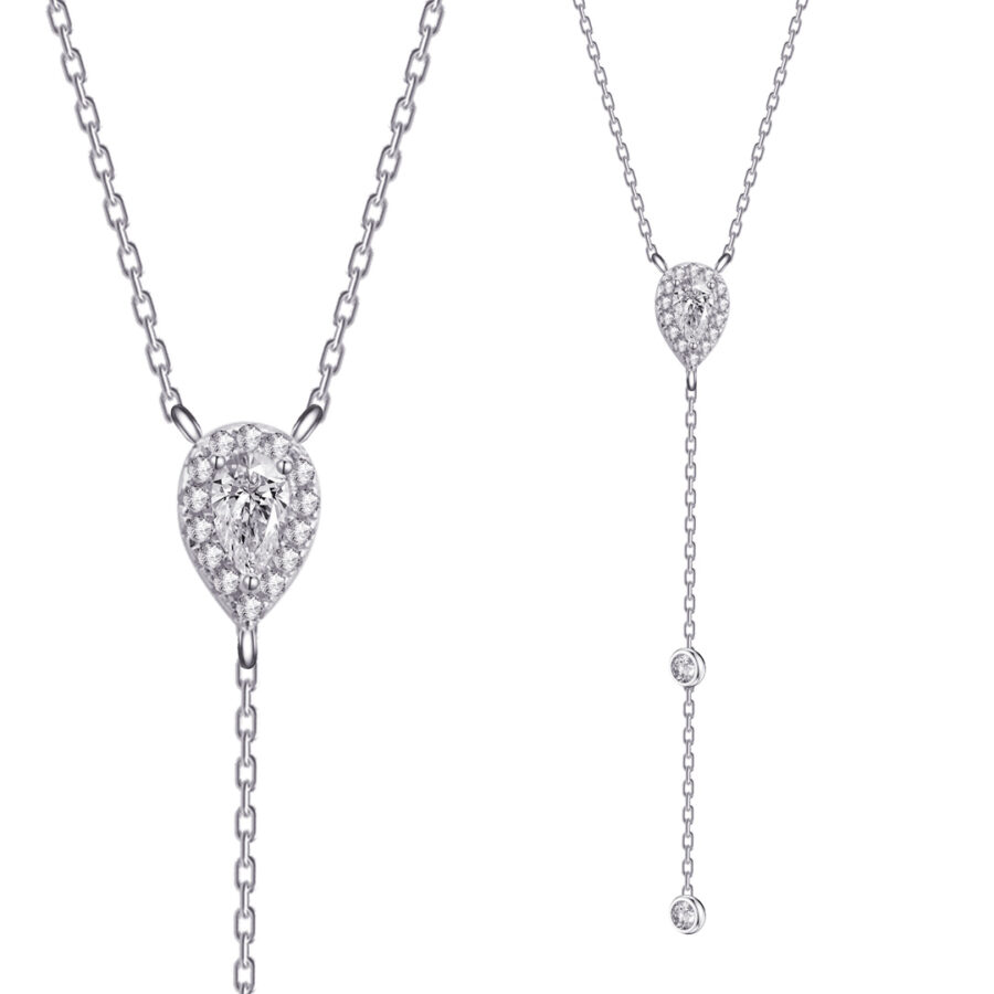 Y model necklace with a middle pear shape stone in a halo setting