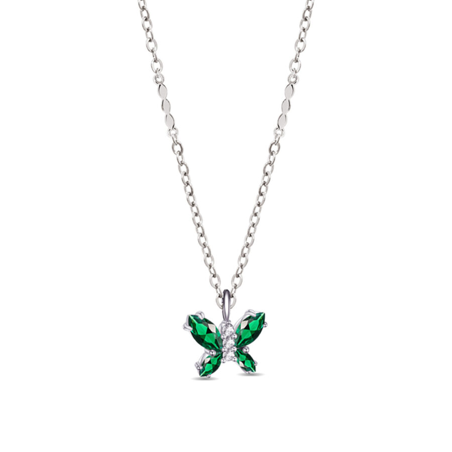 Sterling Silver Marquise Emerald Color Stones Butterfly Necklace