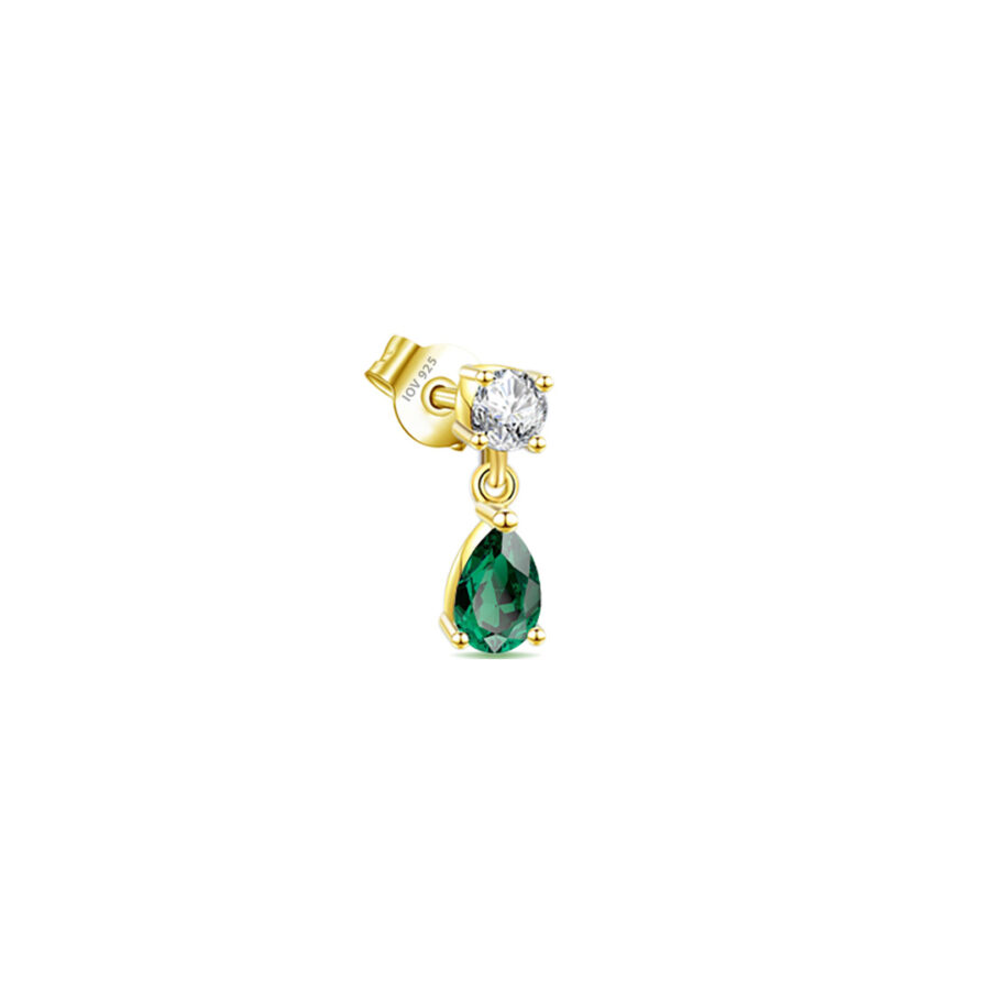 round stone stud earring with dangling emerald color pear shape stone.