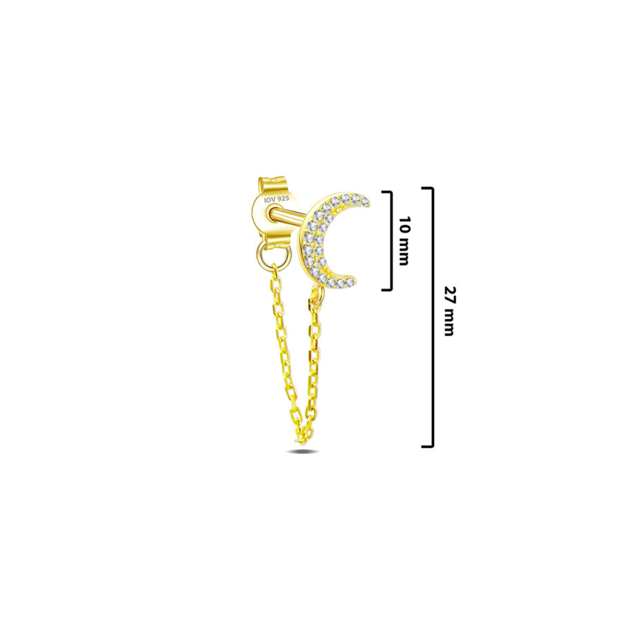 crescent shape stud earring with dangling chain. - Image 2