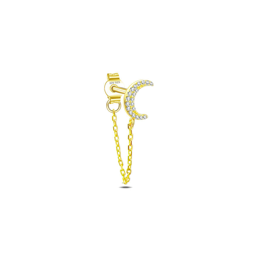 crescent shape stud earring with dangling chain.
