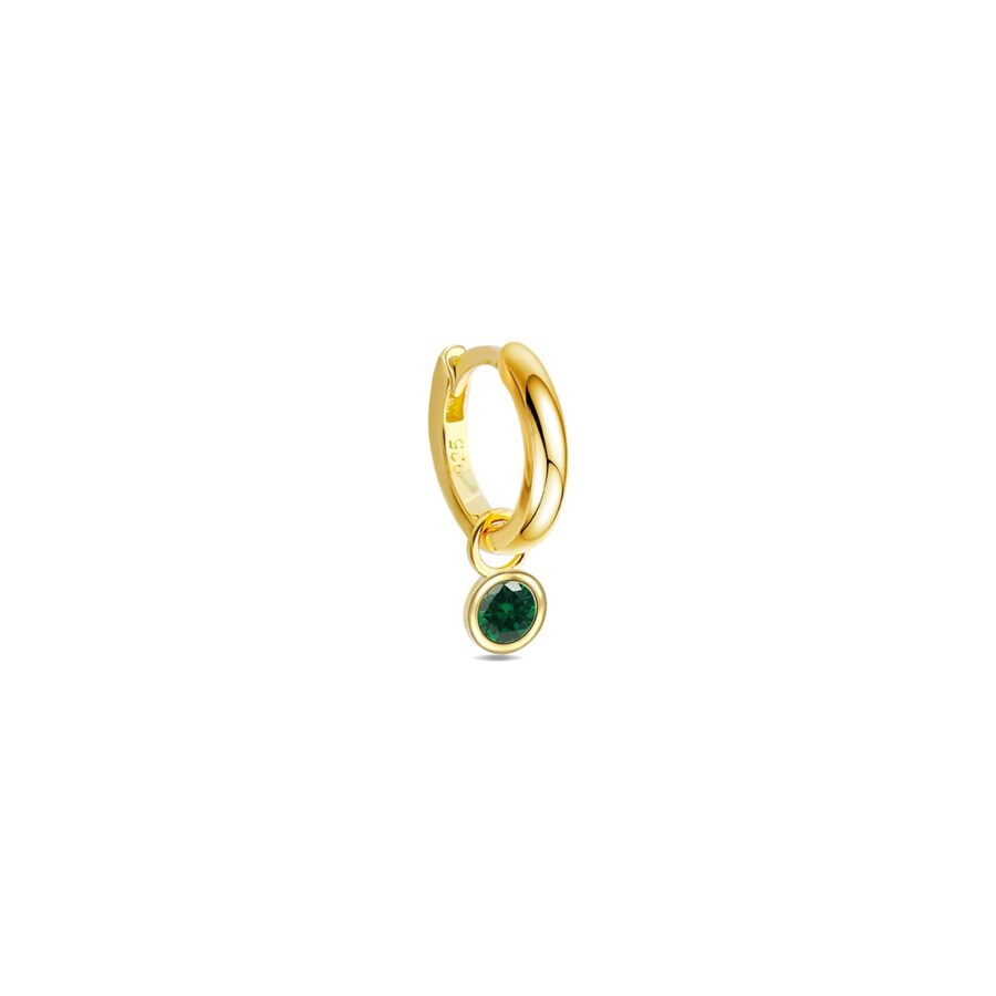 Plain hoop with dangling emerald color CZ stone in a bezel setting. - Image 2