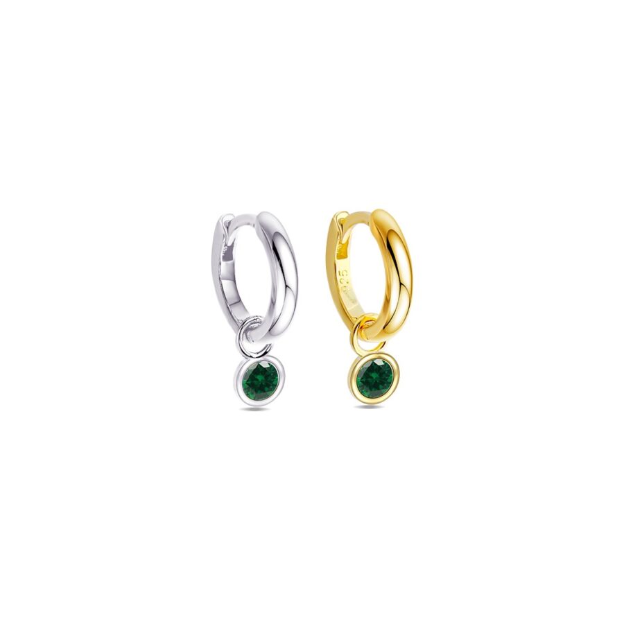 Plain hoop with dangling emerald color CZ stone in a bezel setting.