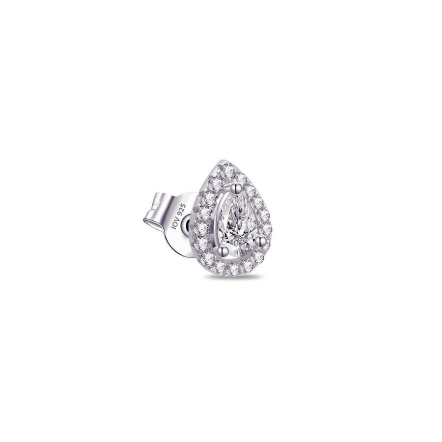 pear shape CZ stone in a halo setting stud earring.